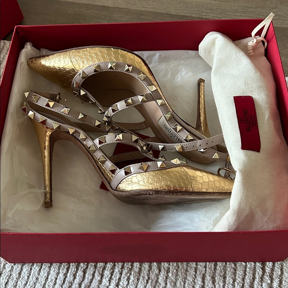 Valentino Gold and Beige Studded Heels - Picture 9 of 9